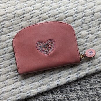 "New size" 刺繍革財布『HEART』つや桃色（牛革）ラウンドファスナー型miniの画像