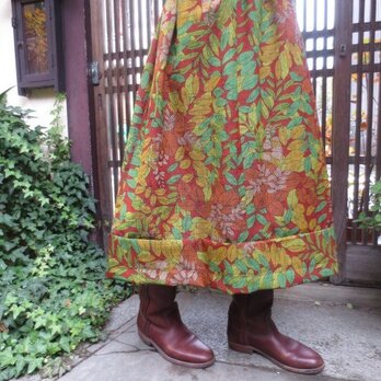 着物リメイク☆草木模様で暖かウールでロングスカート♪７９㎝丈の画像