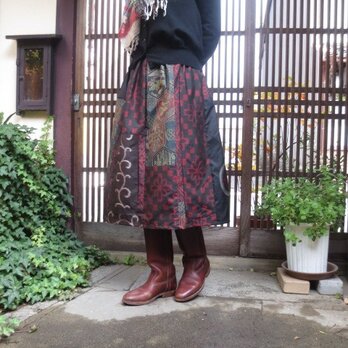 大島色々☆着物リメイクスカート☆渋可愛いパッチで72cm丈の画像