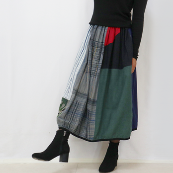 草木染め、手織り綿のパッチワークバルーンスカート、フリーサイズの画像