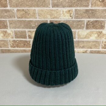 【受注制作】メリノウールのシンプル編みニット帽深緑の画像