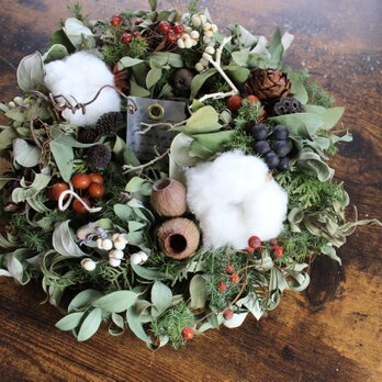 Christmas wreath  ２０２１ クリスマスリース 【２４～２６センチ】　コットン　　ドライフラワーリースの画像