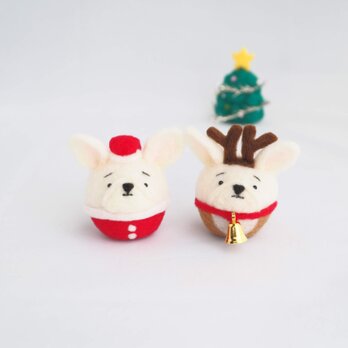 【受注製作】まゆフレブルサンタとまゆフレブルトナカイセット(クリーム・パイド・ブリンドル・フォーン)　羊毛フェルト