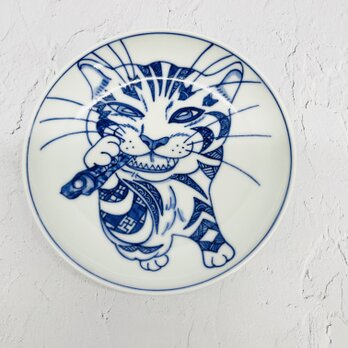 京焼　染付　小皿　小紋メザシかじり猫の画像