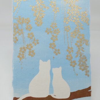 ギルディング和紙葉書　昼桜と猫たち　金の画像