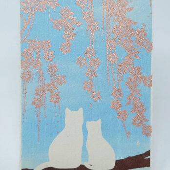 ギルディング和紙葉書　昼桜と猫たち　銅の画像