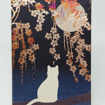 ギルディング和紙葉書　夜桜と猫　赤混合の画像