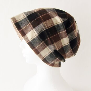 ゆったり暖かリバーシブルの帽子　ブラウンチェック　赤茶　起毛(CNR-009-CCRB)の画像