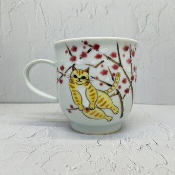 京焼　紅白梅と猫　マグカップの画像