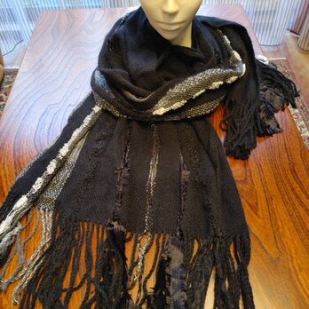 手織り ショール 大判 黒 グレー ストライプ柄 ウール アルパカ シルクモヘア ファンシーヤーンの画像