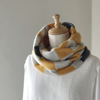 純カシミヤふんわり -ICHIMATSU- スヌード マスタード茶系市松柄・裏マスタード無地