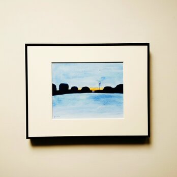 風景画｜原画「夕刻」イラスト　水彩　絵画　一点物　※太子サイズ額縁入り