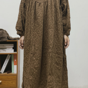 【2色】綿とリネンの長袖ドレス/ワンピースの画像