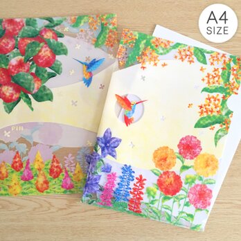 花とハチドリのクリアファイル A4サイズ お仕事やご家庭の書類整理に 花柄 秋 鳥 レトロ おしゃれ かわいいの画像