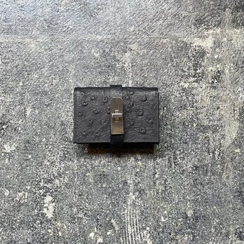 オイルレザーオーストリッチ型押しカードケース（ブラック×金具マットシルバー）の画像