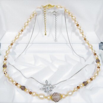 特価品_本真珠（淡水）と揺れるキュービックジルコニア、スモーキークォーツ、SV925のネックレス2本セットの画像
