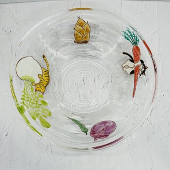 ガラス鉢　京野菜と猫の画像