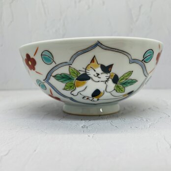 京焼　飯碗　小花と猫の画像