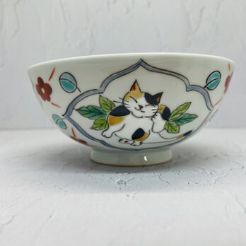 京焼　飯碗　小花と猫の画像