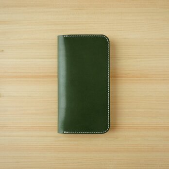 牛革 iPhone 13 mini カバー  ヌメ革  レザーケース  手帳型  グリーンカラーの画像
