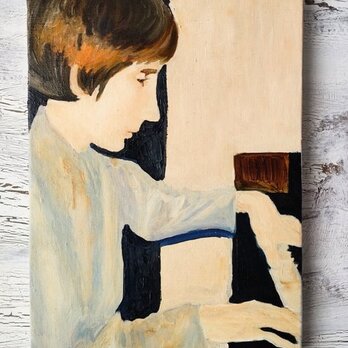 原画「ピアノの練習をする白人少年」F4・油彩画の画像