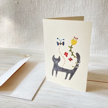 封筒付きグリーティングカード「ねこと花」・型染めの画像