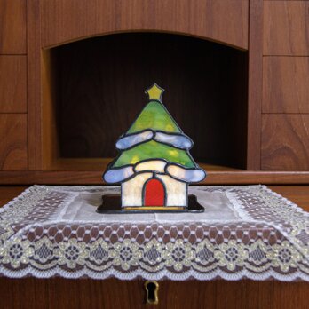 『クリスマスツリー風ハウス』［ステンドグラス］キャンドルホルダー ランプ  オブジェ（キャンドル風ライト付き）の画像