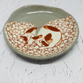 京焼　猫の小皿　赤絵　梅と猫の画像