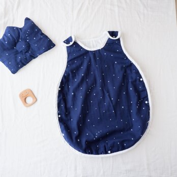 背守り刺繍6重ガーゼスリーパー＊星柄×ネイビー色＊50～90size＊出産祝いや誕生日プレゼントにの画像