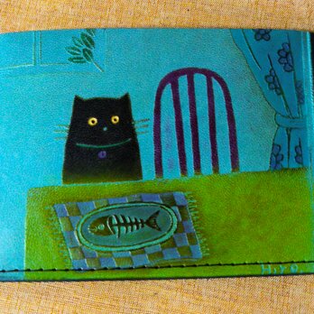 猫のデザイン　レザークラフト　ハーフ名刺入れ　オール手染めヌメ皮革の画像