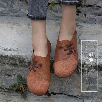 【受注製作】ぺたんこ丸トウ　手製裁縫牛革レザーパンプス　靴　ライトブラウン　茶褐色　2色　DKH38の画像