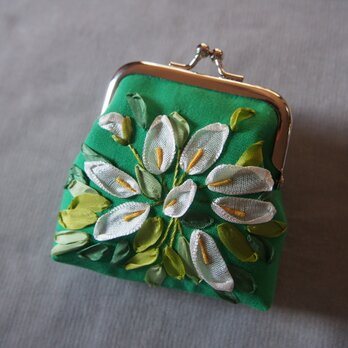 がま口　りぼん刺しゅう　カラー　花　コインケース　MOKUBA リボン刺繍　ハンドメイド　財布　COSMOの画像