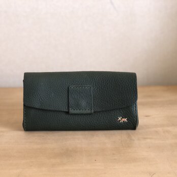栃木レザー 手縫いのたっぷり本革財布 (緑）の画像