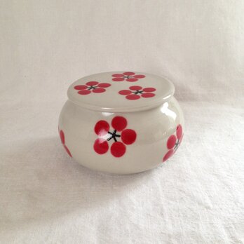 アンティーク 手描き 赤絵 二段蓋物 直径約8センチ 高さ約8