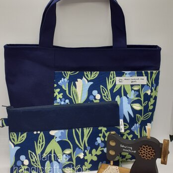 北欧　花柄　帆布　トートバッグ　ポーチ付き