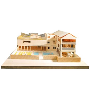 【模型製作】 木製ミニチュア オーダーメイド完成品 〈完成間近のシェアハウス〉の画像