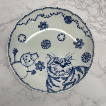 京焼　染付　中皿　雪の結晶と猫の画像