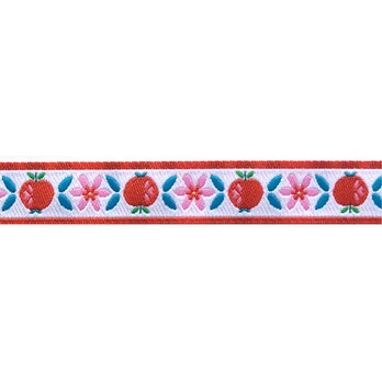 ドイツFB社 刺繍リボン 1m-りんごとフラワー ホワイト R-0424 アップル フラワー 花 フルーツの画像