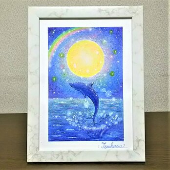 海とイルカのパステルアート　Close to the Moon(クロス・トゥ・ムーン)　パステル画原画の画像