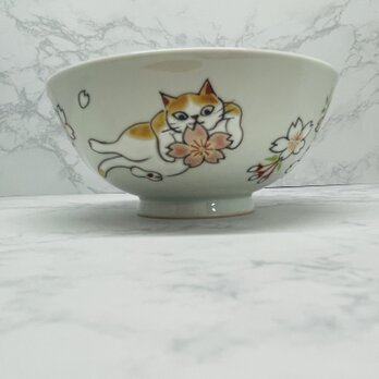 京焼　飯碗　大　桜と猫の画像