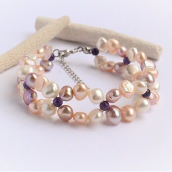 Mix Collar pearl　お花　ブレスレットの画像