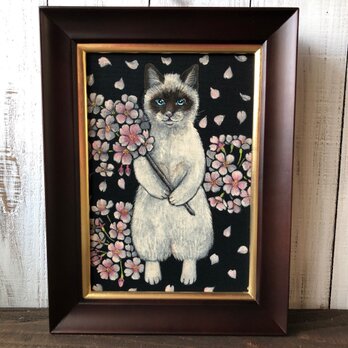 「幸せだよ」SMサイズ額付きアート作品原画 猫 徳島洋子作品 ★ 星月猫の画像