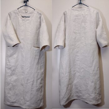 フロントぽっけのワンピース◆ウィンターリネン（厚手15番手・リネン100％）◆生成り（ポケ：マスタード）◆フリーサイズ