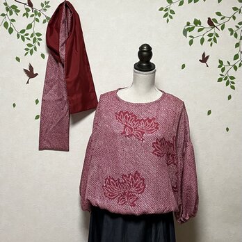 ☆桜色の絞りの羽織から後ろ下がりバルーン袖ブラウス&ストール　着物リメイク♪の画像