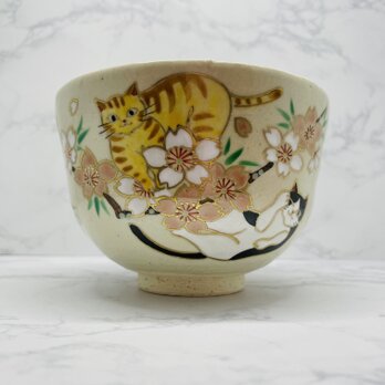 京焼　抹茶碗　　桜と猫の画像