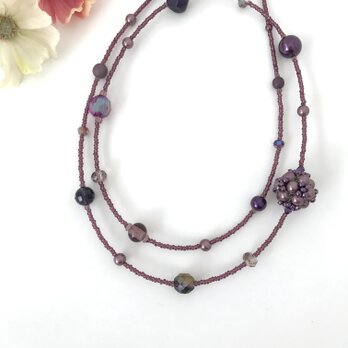 ビーズボール の ロングネックレス 紫 パープル パール クラシカル