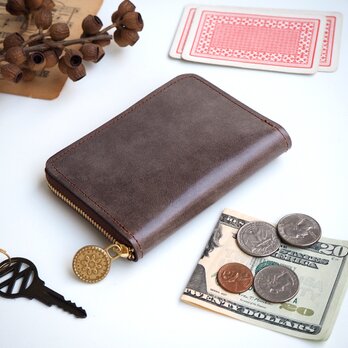 ラウンドファスナー コンパクト 財布（ワックスレザー　ダークチョコ） 本革 バレンタインの画像