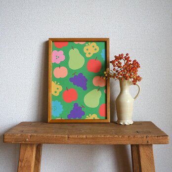 「花と果実と蝶模様（グリーン）」A4ポスターの画像