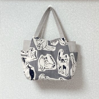 リネンのサイドポケットチューリップバッグ（猫×チェック）すこし小さめの画像
