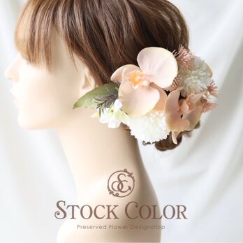 胡蝶蘭とピンポンマムのヘッドドレス/ヘアアクセサリー(ピーチピンク)＊ウェディング 白無垢 成人式 髪飾りの画像